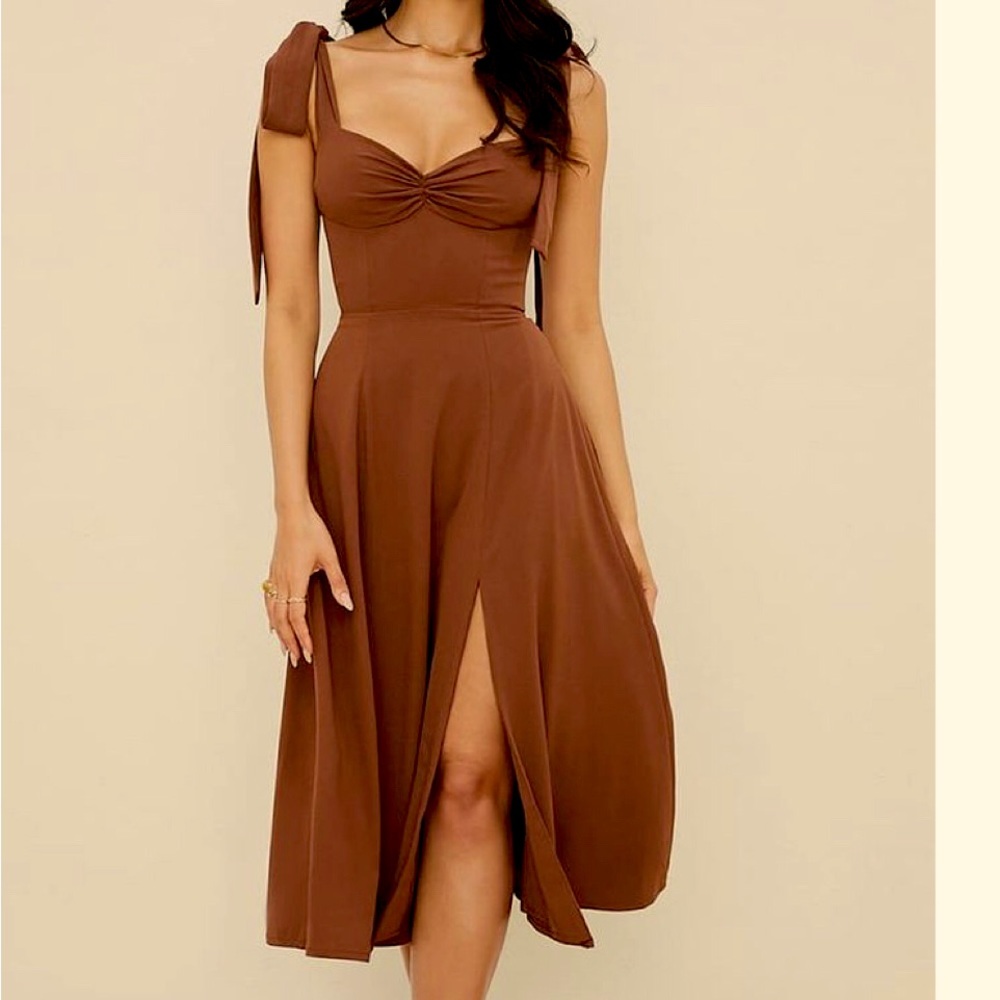 Rust colored sleeve tie slit dress